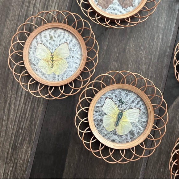 VTG Wicker Rattan Pressed Butterfly Coasters Set of 6 - Picture 2 of 5